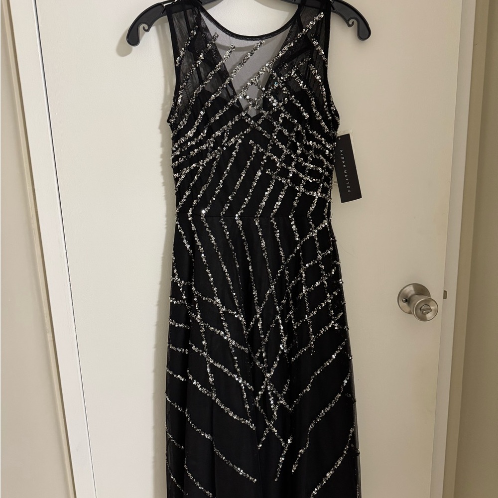 Aidan Mattox Black and Silver Sequin Maxi Dress